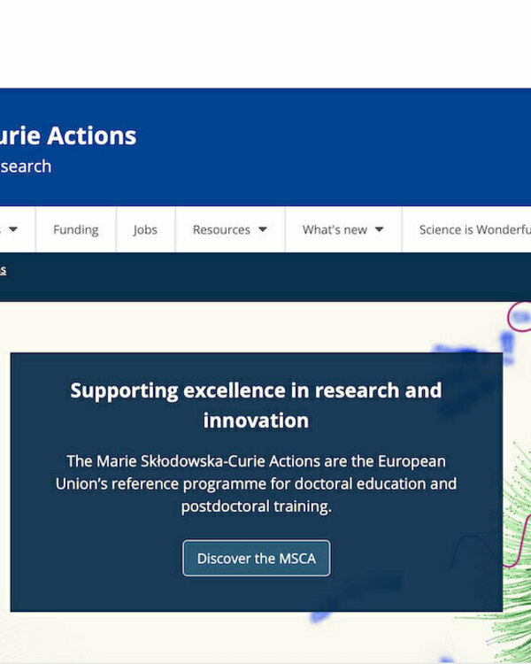 Screenshot of the fellowship website showing the EU logo, an image of Marie Curie, related graphics, and a dialogue box with the fellowship name and associated information