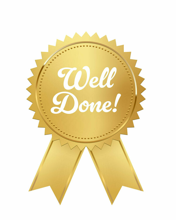 Image of a gold ribbon with the words "well done!" on it