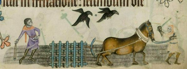 Medieval manuscript page image, showing a farmer plowing a field with two ravens flying above