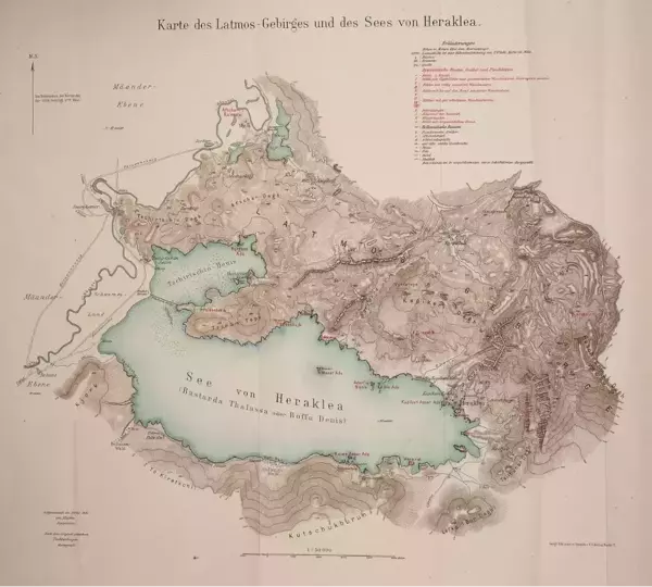 Historical map, "Karte des Latmos-Gebirges und des Sees von Heraklea," shows brown mountains, a blue-green Lake Heraclea, and the Meander River, with German text labels and a legend.
