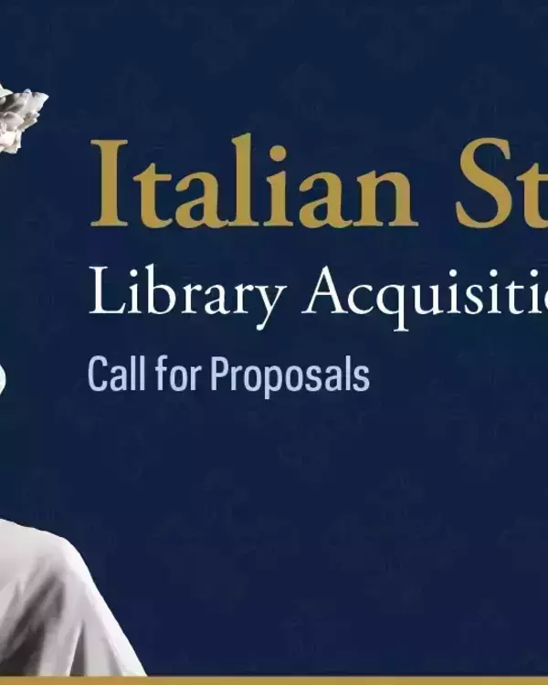 On the left is a statue of Dante, leaning forward with his head resting on his hand. On the right is the headline "Italian Studies Library Acquisitions Grant."
