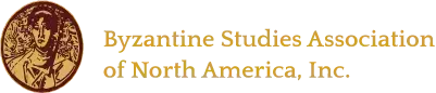 Byzantine Studies Association of North America, Inc. logo. Gold circular emblem features a stylized draped figure, gold text.