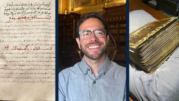 Smiling man with glasses in a library, flanked by ancient handwritten script and a thick, antique book.