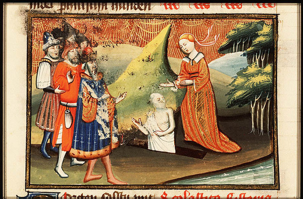 Medieval illumination: Three men and an orange-gowned woman gesture toward an old, white-bearded man emerging from earth.